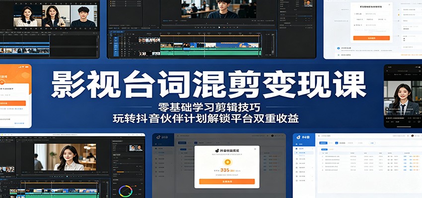 影视台词混剪变现课：零基础学习剪辑技巧，玩转抖音伙伴计划解锁平台双重收益-送财鼠