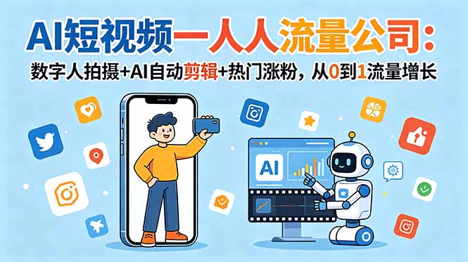 AI短视频一人流量公司:数字人拍摄+AI自动剪辑+热门涨粉,从0到1流量增长-送财鼠