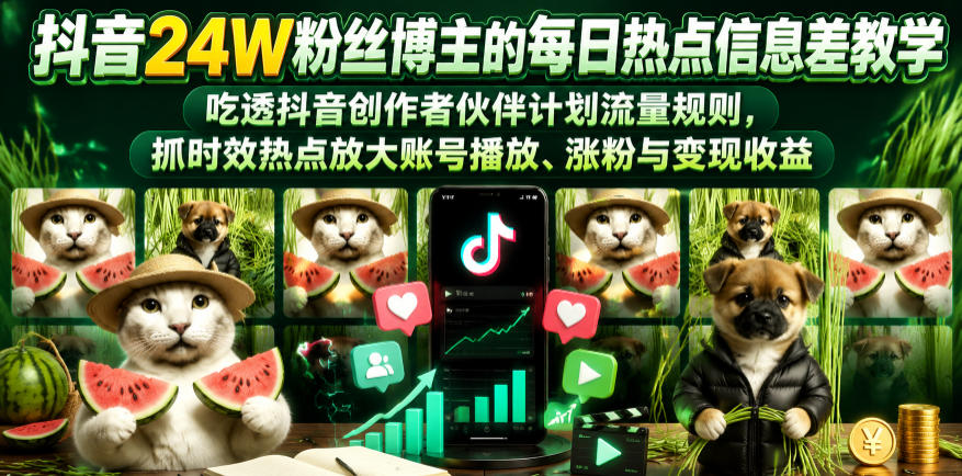 抖音24W粉丝博主的每日热点信息差教学,吃透创作者伙伴计划流量规则,抓时效热点放大账号播放、涨粉与变现收益(更新)-送财鼠