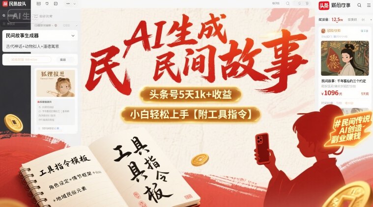 AI生成民间故事，头条号5天1k+，小白轻松上手【附工具指令】-送财鼠