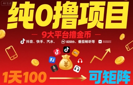 纯0撸项目，9大平台撸金币，抖音，快手，汽水，番茄畅听等，1天100，可矩阵-送财鼠