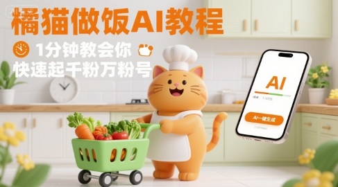 有趣的橘猫买菜做饭视频，用AI一键搞定，1分钟教会你，快速起千粉万粉号-送财鼠