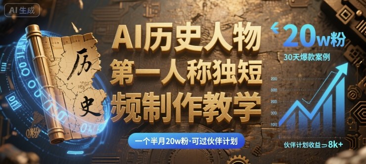 最新AI历史人物第一人称独白短视频制作教学，一个半月20w粉，可过伙伴计划-送财鼠