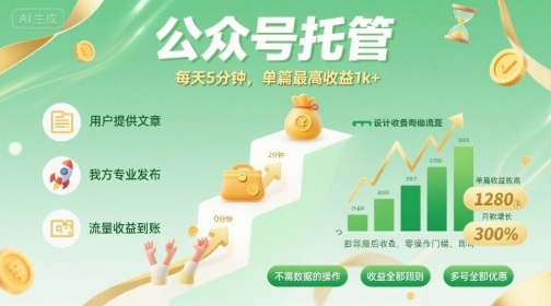 【公众号托管 】我提供文章，你发布，每天5分钟，单篇最高收益1k+【揭秘】-送财鼠