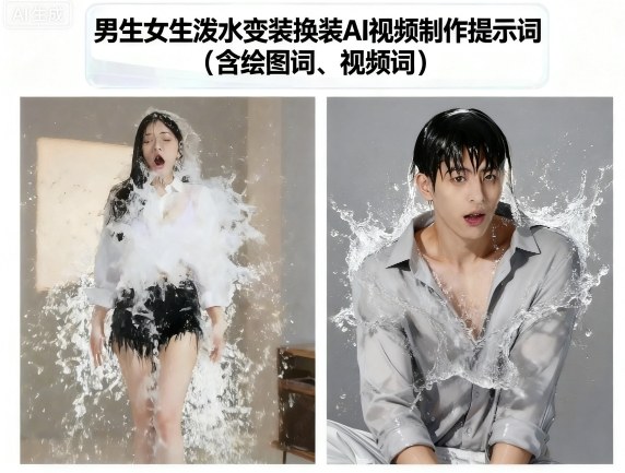 男生女生泼水变装换装AI视频制作提示词(含绘图词、视频词)-送财鼠