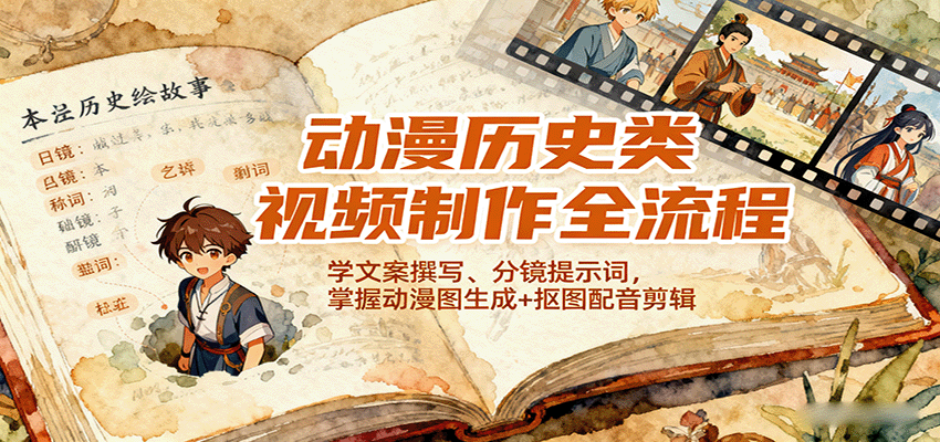 动漫历史类视频制作全流程，学文案撰写、分镜提示词，掌握动漫图生成+抠图配音剪辑-送财鼠