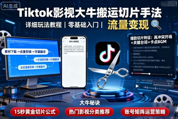 Tiktok影视大牛搬运切片手法，详细玩法教程-送财鼠