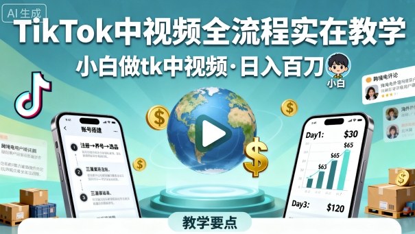 TikTok中视频全流程实操教学，小白做tk中视频，日入百刀-送财鼠