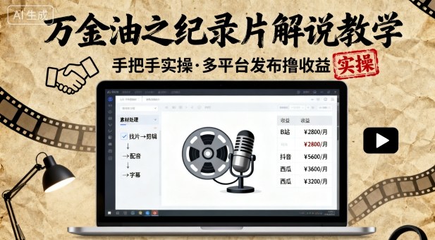 万金油之纪录片解说教学，手把手教你，完全实操，多平台发布撸收益-送财鼠