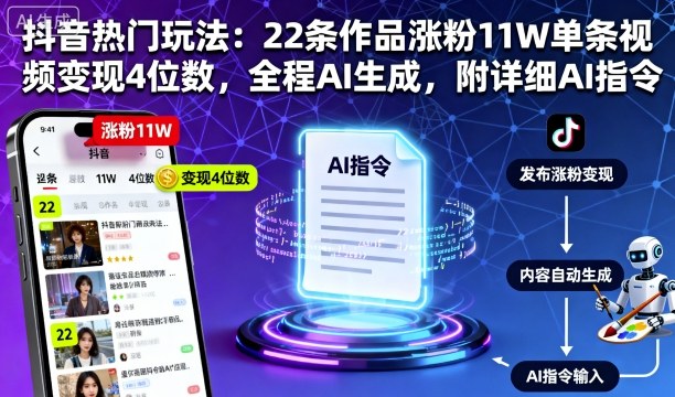 抖音热门玩法：22条作品涨粉11W单条视频变现4位数，全程AI生成，附详细AI指令-送财鼠