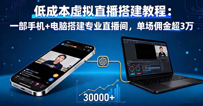 低成本虚拟直播搭建教程：一部手机+电脑搭建专业直播间，单场佣金超3万-送财鼠