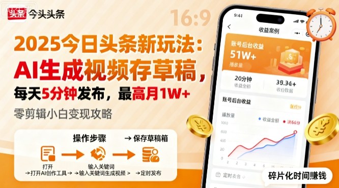 2025年今日头条躺賺新玩法，AI生成视频存草稿，每天5分钟发布，最高月1W+【揭秘】-送财鼠