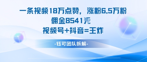 一条视频18W点赞，涨粉6.5W粉佣金8541米，视频号+抖音=王炸-送财鼠