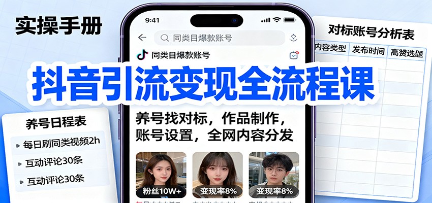 抖音引流变现全流程课：养号找对标，作品制作，账号设置，全网内容分发-送财鼠