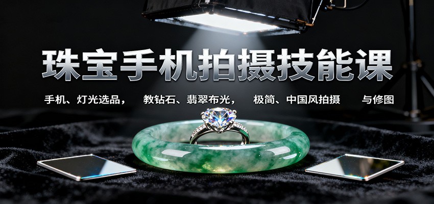 珠宝手机拍摄技能课:手机、 灯光选品，教钻石、翡翠布光，极简、中国风拍摄与修图-送财鼠