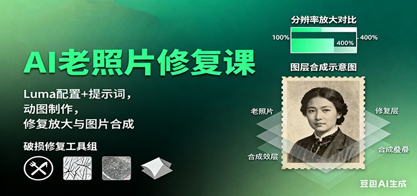 AI老照片修复课：Luma配置+提示词，动图制作，修复放大与图片合成-送财鼠