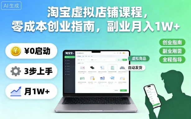 淘宝虚拟店铺课程，零成本创业指南，副业月入1W+-送财鼠