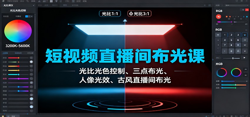 短视频直播间布光课：光比光色控制、三点布光、人像光效、古风直播间布光-送财鼠