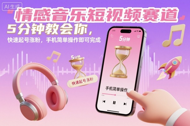 情感音乐短视频赛道，5分钟教会你，快速起号涨粉，手机简单操作即可完成-送财鼠