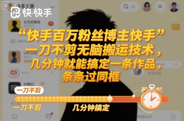 快手百万粉丝博主快手一刀不剪无脑搬运技术，几分钟就能搞定一条作品，条条过同框-送财鼠