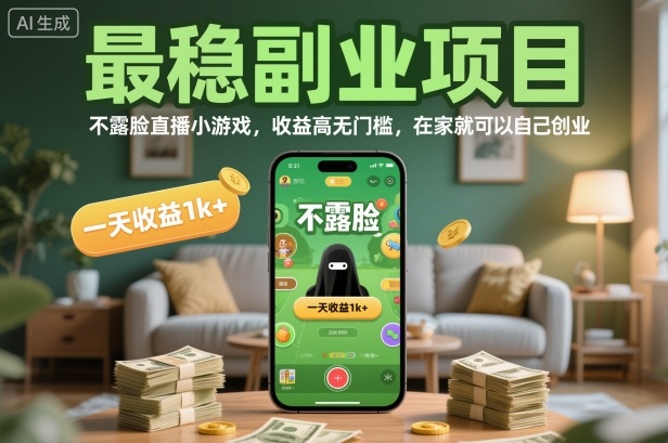 最稳副业项目，不露脸直播小游戏，收益高无门槛，一天收益1k+，在家就可以自己创业【揭秘】-送财鼠