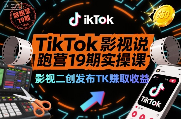 TikTok影视解说陪跑营19期实操课，影视二创发布TK賺取收益，万播收益50美金-送财鼠
