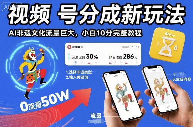 视频号分成新玩法，AI非遗文化流量巨大，小白10分钟搞定，完整教程-送财鼠