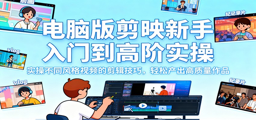 电脑版剪映新手入门到高阶实操，实操不同风格视频的剪辑技巧，轻松产出高质量作品-送财鼠