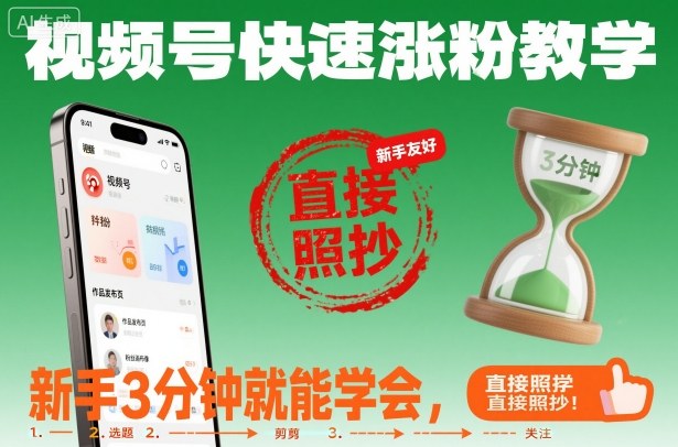 视频号快速涨粉教学，新手3分钟就能学会，直接照抄！-送财鼠