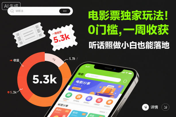 电影票独家玩法！0门槛，一周收获5.3k，听话照做小白也能落地【揭秘】-送财鼠