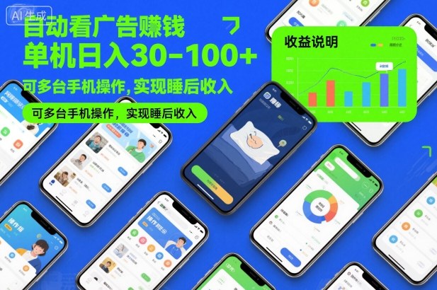 自动看广告賺钱,单机日入30-100+,可多台手机操作,实现睡后收入【揭秘】