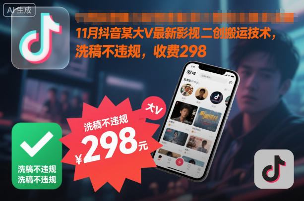 11月抖音某大V最新影视二创搬运技术，洗稿不违规，收费298-送财鼠