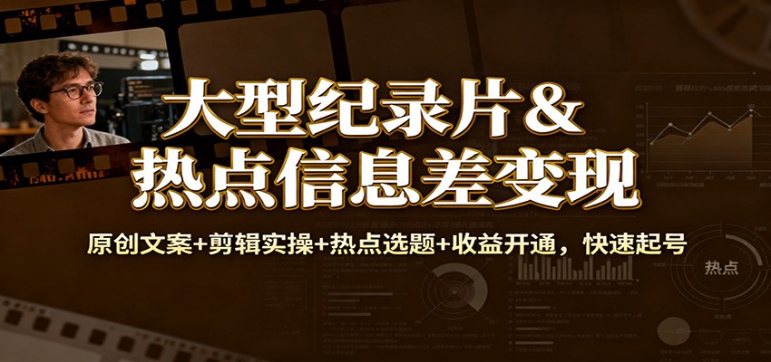 大型纪录片&热点信息差变现：原创文案+剪辑实操+热点选题+收益开通，快速起号-送财鼠