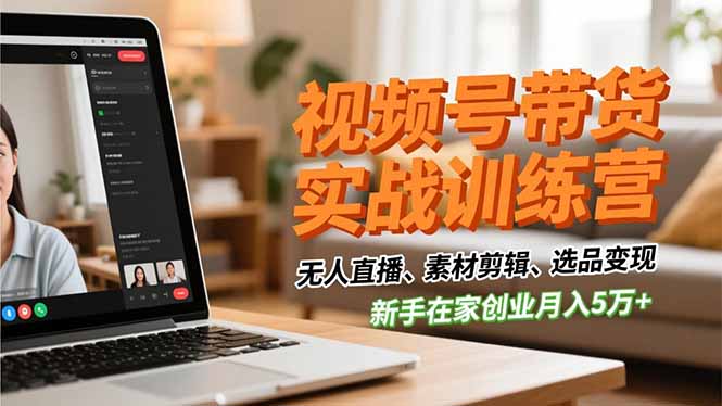 视频号带货实战训练营，无人直播、素材剪辑、选品变现，新手在家创业月入5万+-送财鼠