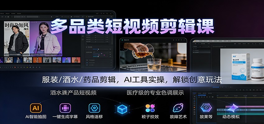 多品类短视频剪辑课：服装/酒水/药品剪辑，AI工具实操，解锁创意玩法-送财鼠