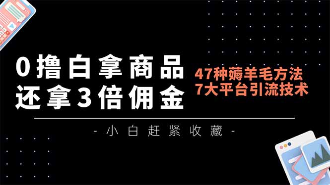 0撸白拿商品，还拿3倍佣金，47种薅羊毛方法，7大平台全方位引流技术教学，精专月入过万-送财鼠