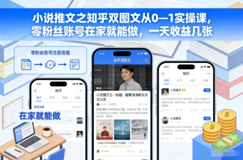 小说推文之知乎双图文从0—1实操课，零粉丝账号在家就能做，一天收益几张-送财鼠