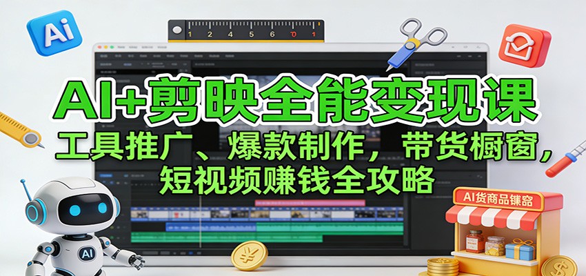 AI+剪映全能变现课：工具推广、爆款制作、带货橱窗，短视频赚钱全攻略-送财鼠