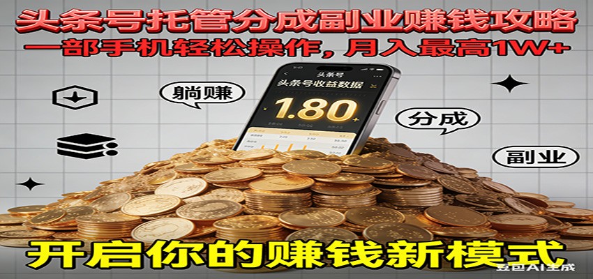 全程托管今日头条，一部手机就可以开干，最高躺赚1W+-送财鼠