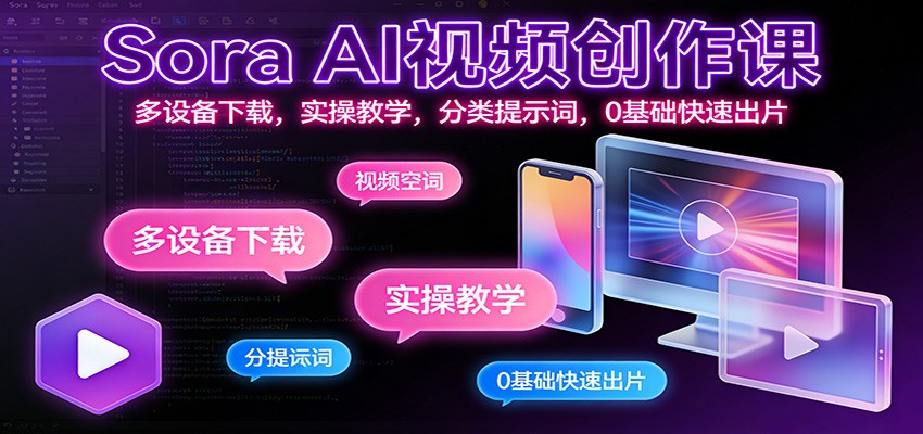 Sora AI视频创作课：多设备下载，实操教学，分类提示词，0基础快速出片-送财鼠