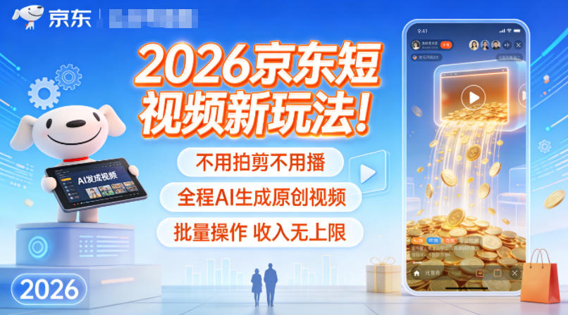2026京东短视频新玩法！不用拍剪不用播，全程AI生成原创视频，批量操作收入无上限-送财鼠