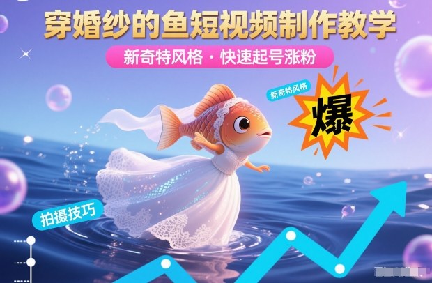 穿婚纱的鱼短视频制作教学，新奇特风格，快速起号涨粉-送财鼠