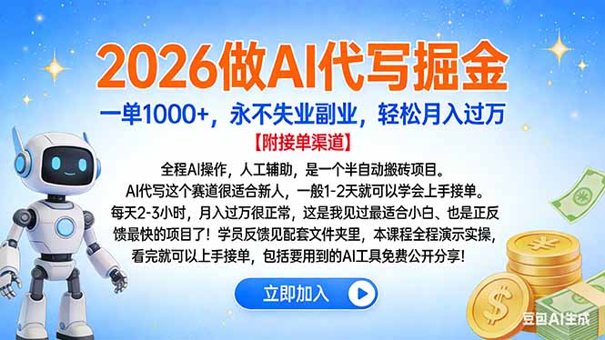2026做AI代写掘金，一单1000+，永不失业副业，轻松月入过万-送财鼠