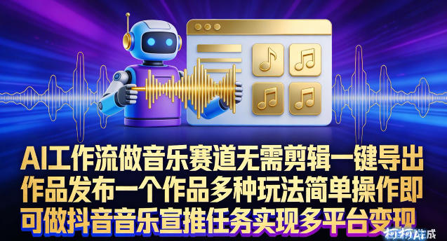 AI工作流做音乐赛道，无需剪辑，一键导出作品发布，一个作品多种玩法，简单操作即可做抖音音乐宣推任务-送财鼠