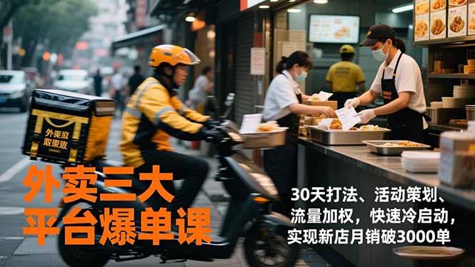 外卖三大平台爆单课，30天打法、活动策划、流量加权，快速冷启动，实现新店月销破3000单-送财鼠