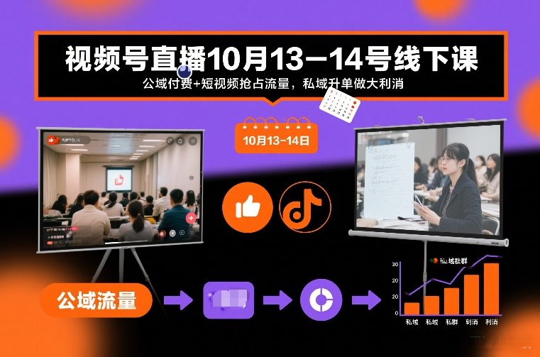 视频号直播10月13-14号线下课，公域付费+短视频抢占流量，私域升单做大利消-送财鼠