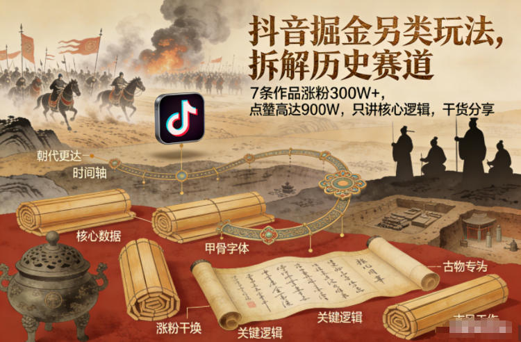 抖音掘金另类玩法，拆解历史赛道，7条作品涨粉300W+，点赞量高达900W，只讲核心逻辑，干货分享-送财鼠