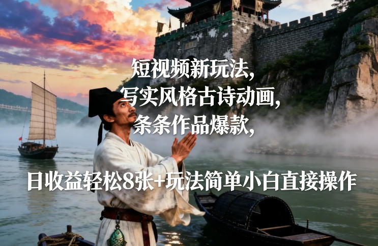 短视频新玩法，写实风格古诗动画，条条作品爆款，日收益轻松8张+玩法简单小白直接操作-送财鼠