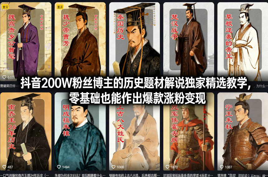 抖音200W粉丝博主的历史题材解说独家精选教学，零基础也能作出爆款涨粉变现-送财鼠