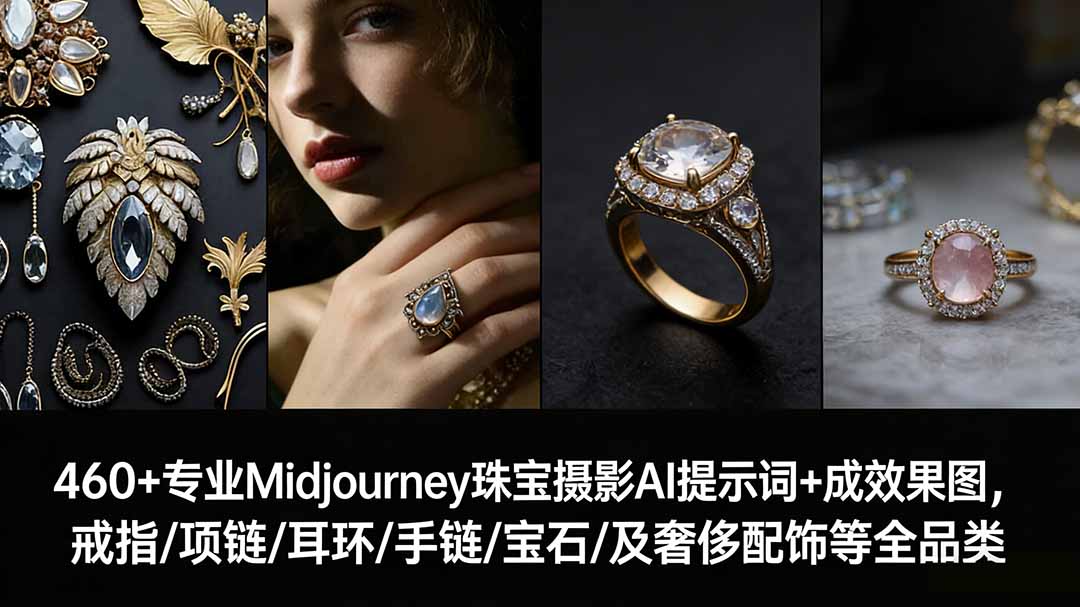 460+专业Midjourney珠宝摄影AI提示词+成效果图，戒指/项链/耳环/手链/宝石/及奢侈配饰等全品类-送财鼠